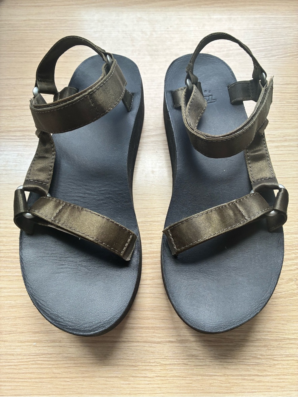 Teva Army Green Satin Finish Platform Sandals with Black Footbed